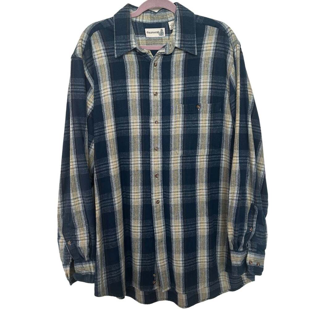 Mens XLT Fieldmaster Plaid Check Blue Workwear Flannel Button Collared Shirt